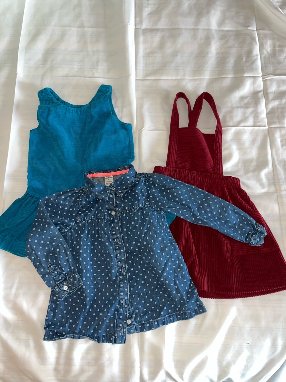 3 piece set Polka Dot Denim Top, Teal Jumper &‎ Wine Corduroy Pinafore 5T
